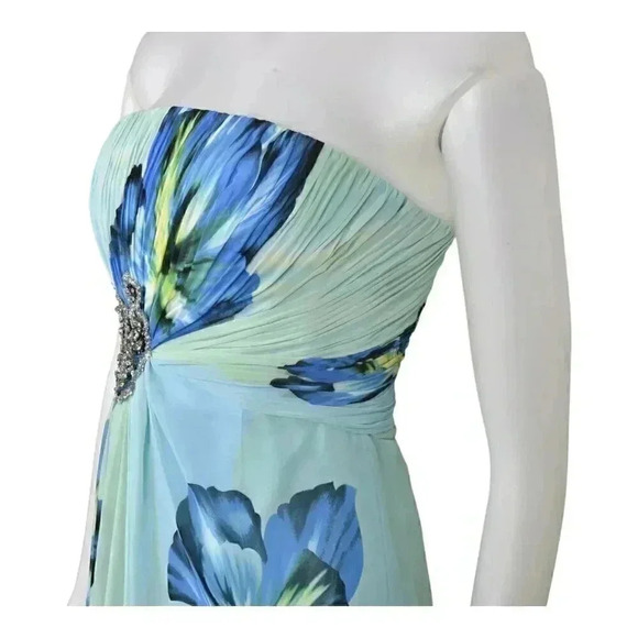 Jovani Gown Blue Green Floral Watercolor Beaded Strapless Chiffon Prom Grad 4 - Picture 9 of 15
